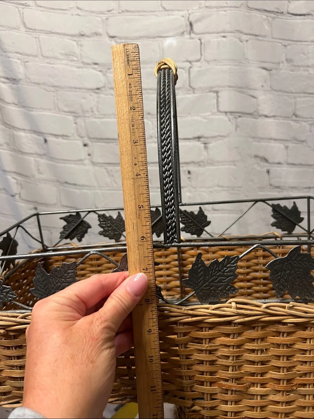 Vintage stair step Wicker Basket Metal Maple Leaf Handle Rustic Farmhouse Decor